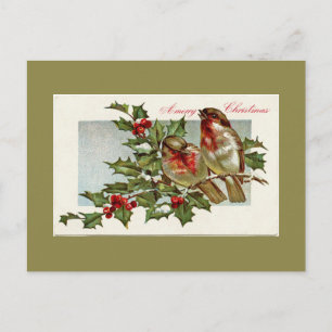 Vintage Birds and Holly Light Olive Green Holiday Postcard