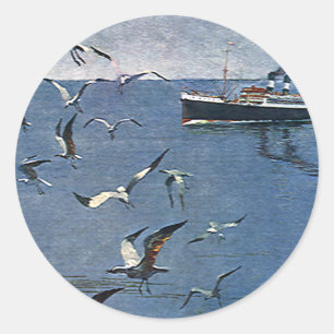 Vintage Birds Animals, Seagulls and Fishing Boats Classic Round Sticker
