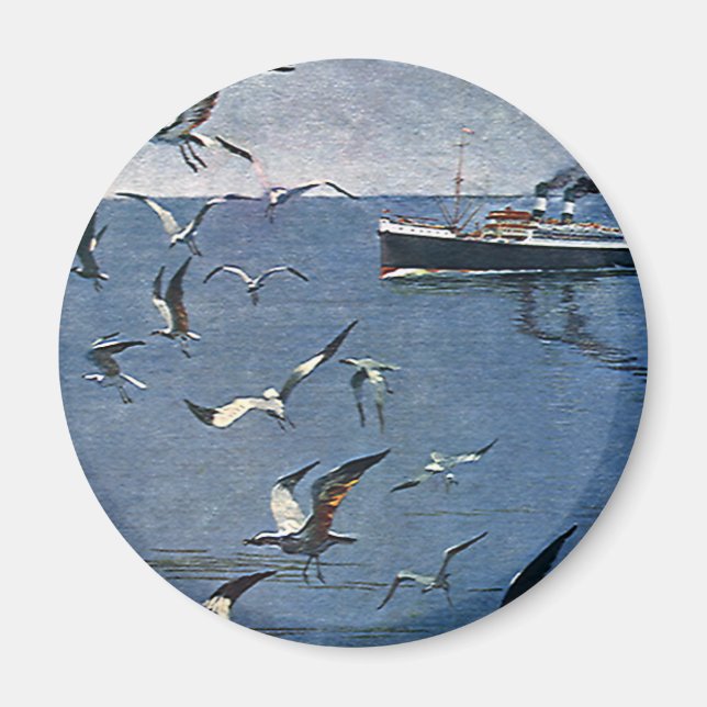 Vintage Birds Animals, Seagulls and Fishing Boats Magnet (Front)