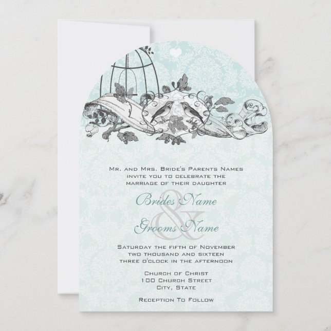 Vintage Birds Aqua Blue Musical Scroll Invitation (Back)