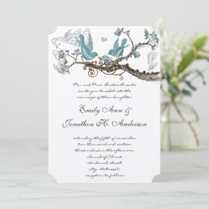 Vintage Birds Aqua & Hot Pink Wedding Invite