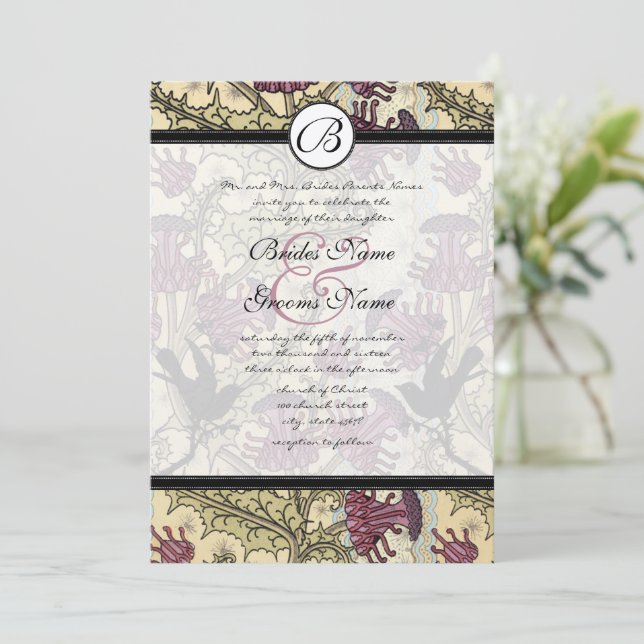 Vintage Birds Berry Damask  Wedding Invitation (Standing Front)