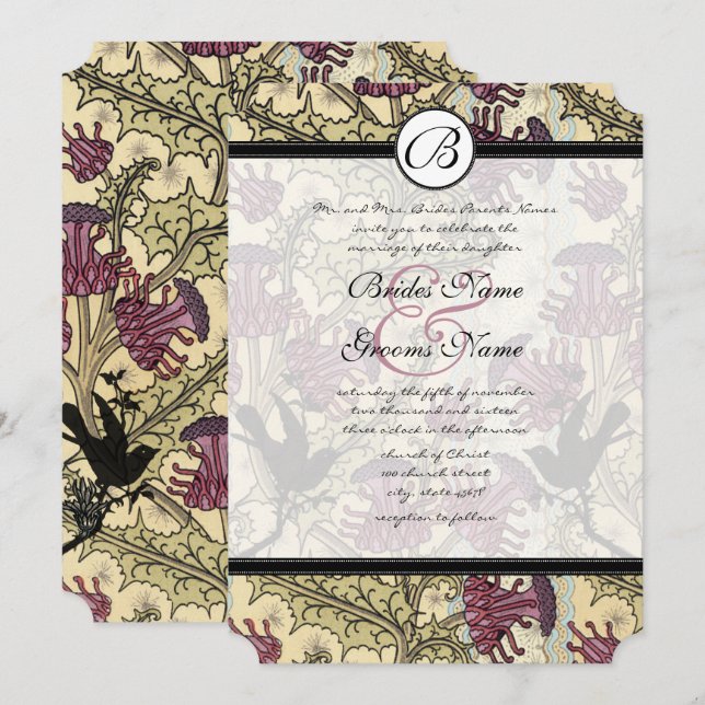 Vintage Birds Berry Damask  Wedding Invitation (Front/Back)