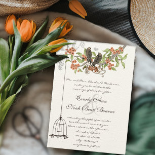 Vintage Birds Birdcage Peach Coral Blooms Wedding Invitation