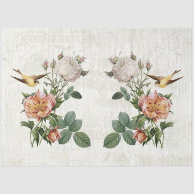 Vintage Birds Botanical Flowers Ephemera Decoupage Tissue Paper (Front)