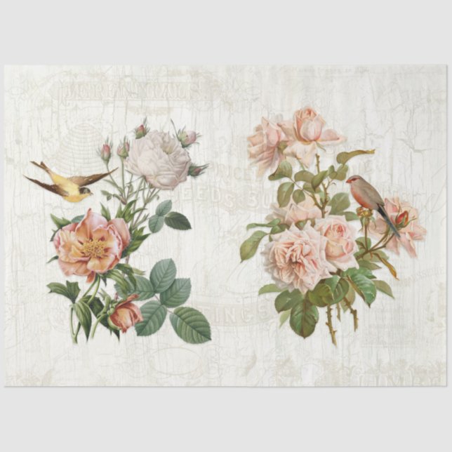 Vintage Birds Botanical Flowers Ephemera Decoupage Tissue Paper (Front)