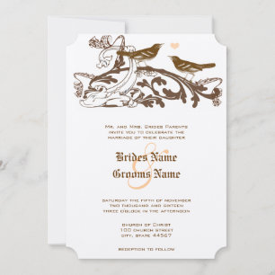 Vintage Birds Brown & Coral Wedding Invitation