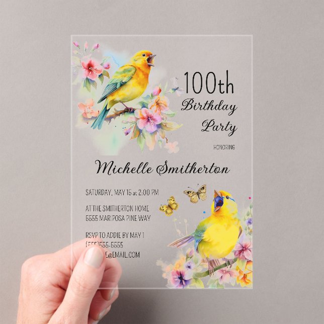 Vintage Birds Canaries Flowers 100th Birthday Acrylic Invitations (Insitu (Handheld))
