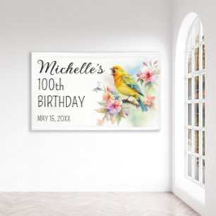 Vintage Birds Canaries Flowers 100th Birthday Banner