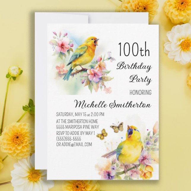Vintage Birds Canaries Flowers 100th Birthday Invitation (Creator Uploaded)