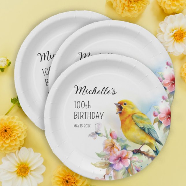 Vintage Birds Canaries Flowers 100th Birthday Paper Plate (Creator Uploaded)