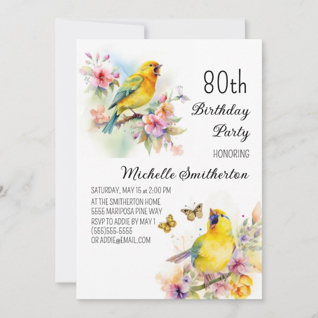 Vintage Birds Canaries Flowers 80th Birthday Invitation (Front)