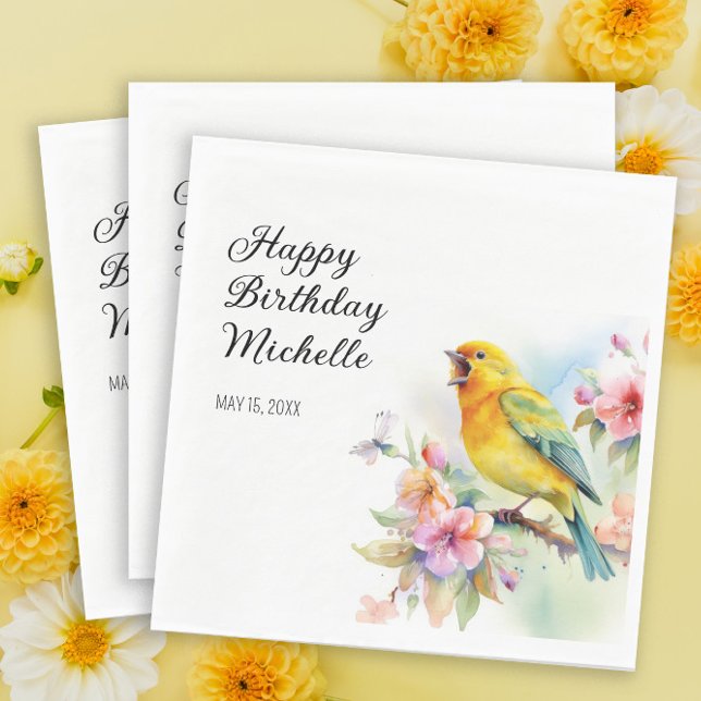 Vintage Birds Canaries Flowers Happy Birthday Napkin (Creator Uploaded)