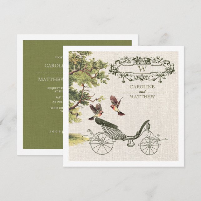 Vintage Birds & Carriage Burlap Texture Wedding  Invitation (Front/Back)