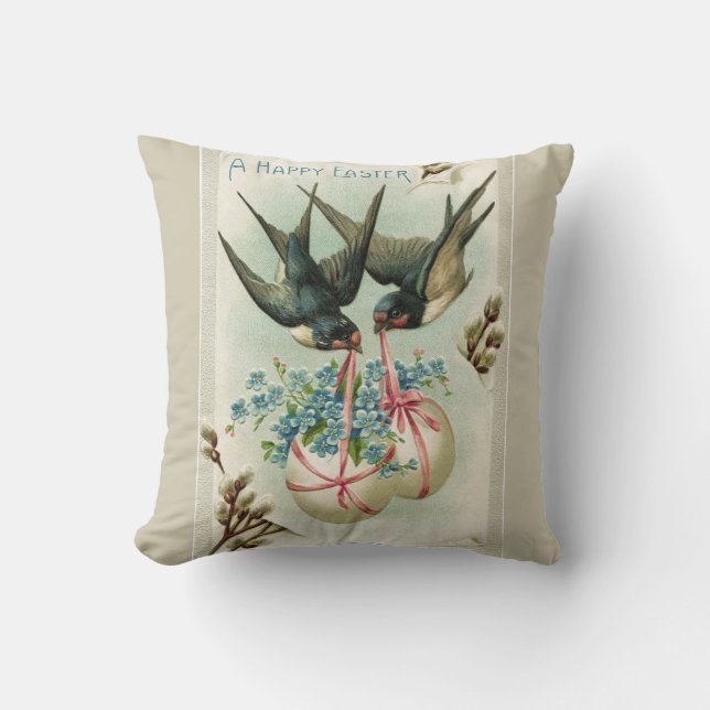 Vintage Birds Carrying Easter Eggs Cushion (Front)
