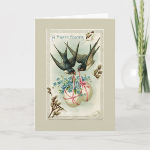 Vintage Birds Carrying Easter Eggs Yellow Holiday Card