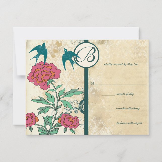 Vintage Birds Damask Cabbage Rose Wedding Invites (Front)
