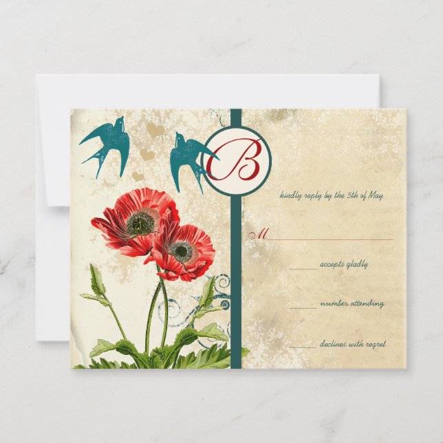 Vintage Birds Damask Poppy Wedding Invitation (Front)