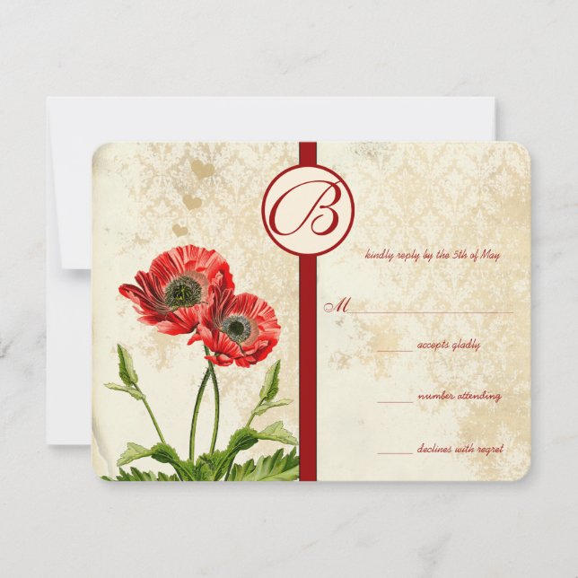 Vintage Birds Damask Poppy Wedding RSVP (Front)