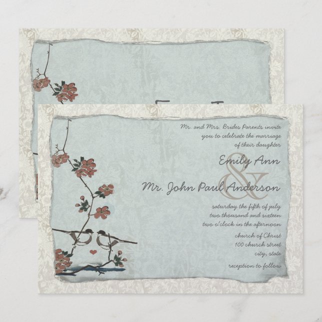 Vintage Birds Damask Wedding Invitations (Front/Back)