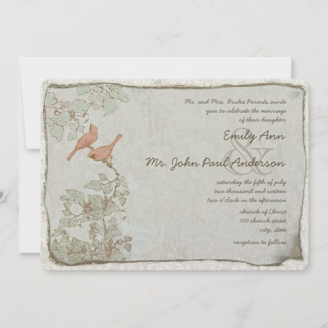 Vintage Birds Damask Wedding Invitations (Front)