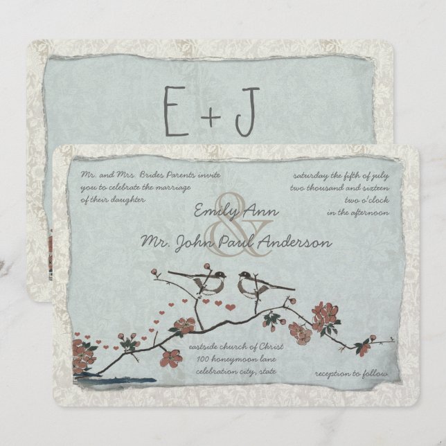 Vintage Birds Damask Wedding Invitations (Front/Back)