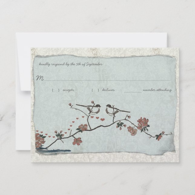 Vintage Birds Damask Wedding RSVP (Front)