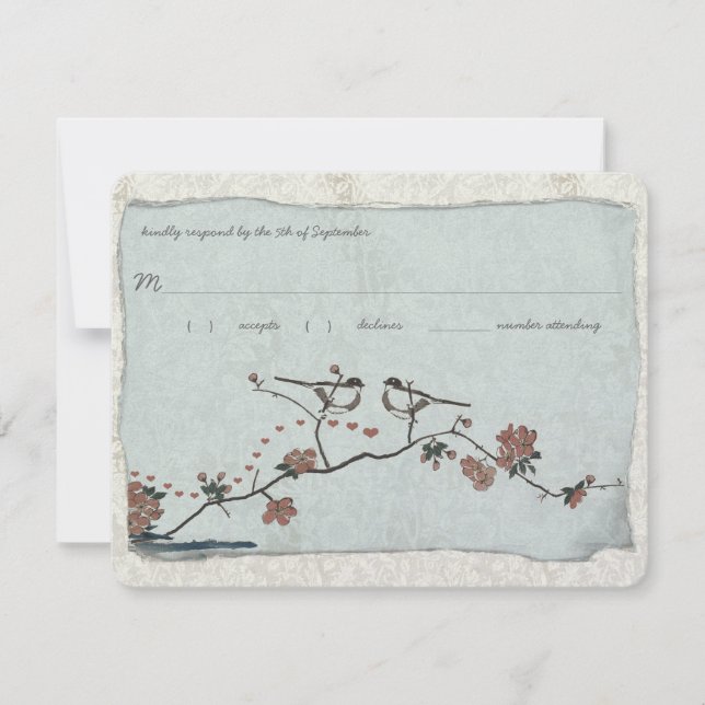 Vintage Birds Damask Wedding RSVP (Front)