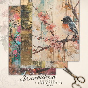 Vintage Birds Ephemera Heavy Weight Decoupage  Wrapping Paper Sheet