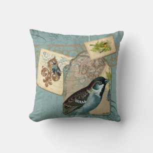 Vintage Birds Floral Postage Stamp Swirl Branch Cushion