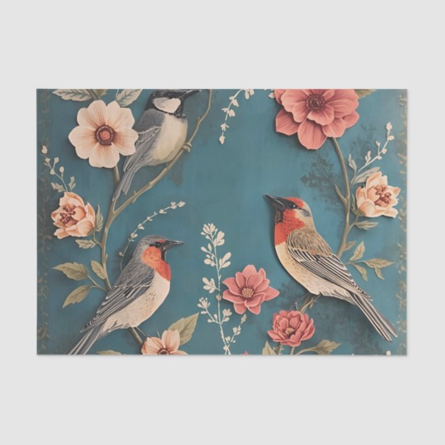 Vintage Birds & Floral Tissue Decoupage Paper  (Front)