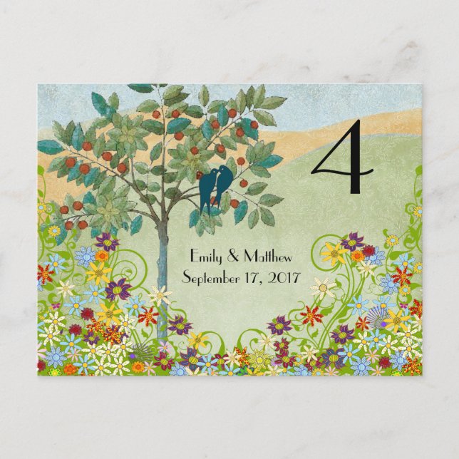 Vintage Birds Flower Swirl Wedding Number Card (Front)