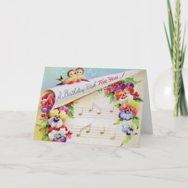 Vintage Birds Flowers And Music Birthday Card (Front)