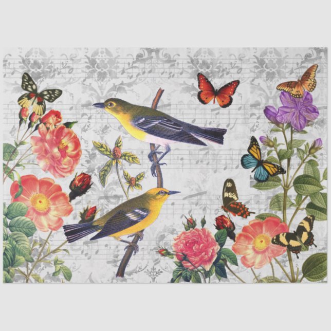 Vintage Birds Flowers Butterflies Music, Decoupage Tissue Paper (Front)