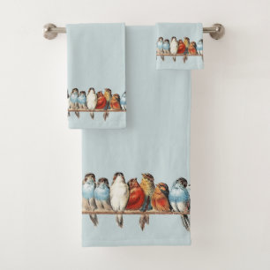 Vintage Birds French Country Cottage Blue Bath Towel Set