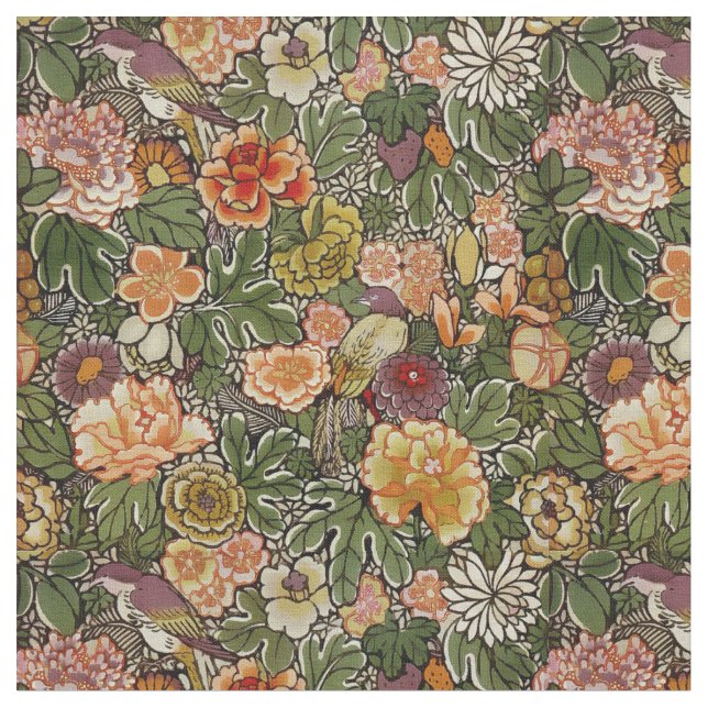 Vintage Birds, Fruit, Flowers & Foliage Pattern Fabric (Close Up)