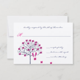 Vintage Birds Fuchsia & Navy Wedding Invite