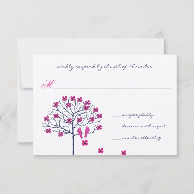 Vintage Birds Fuchsia & Navy Wedding Invite (Front)