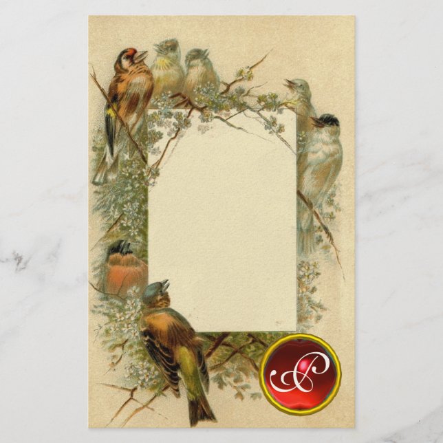 VINTAGE BIRDS GEM MONOGRAM STATIONERY (Front)