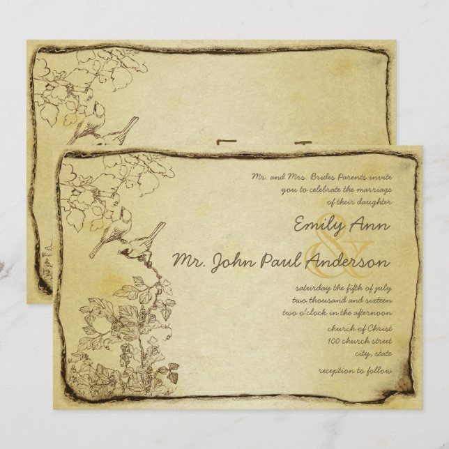 Vintage Birds Gold Metallic Parchment Wedding Invitation (Front/Back)