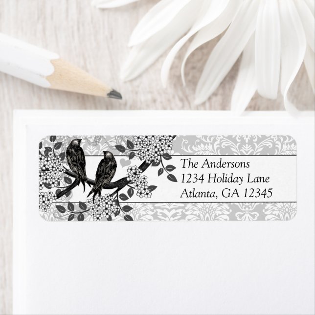 Vintage Birds Hand Drawn Flowers on Damask Address (Insitu)