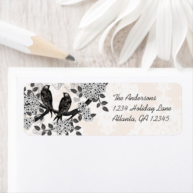 Vintage Birds Hand Drawn Flowers on Damask Address (Insitu)
