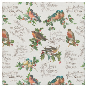 Vintage Birds, Holly & Christmas Greetings Fabric