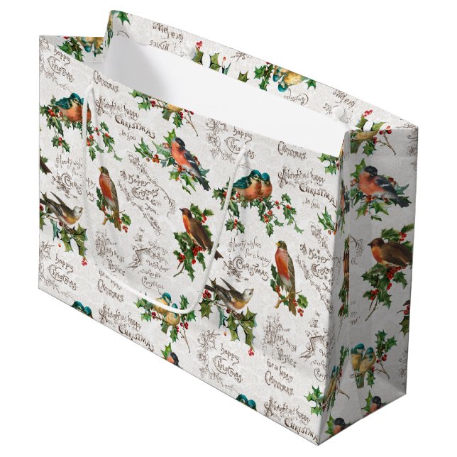 Vintage Birds, Holly & Christmas Greetings Large Gift Bag (Front Angled)