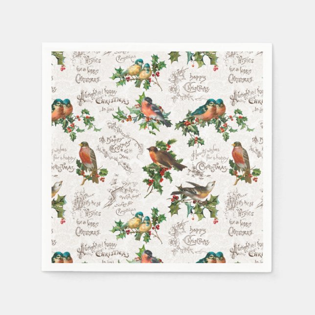 Vintage Birds, Holly & Christmas Greetings Napkin (Front)