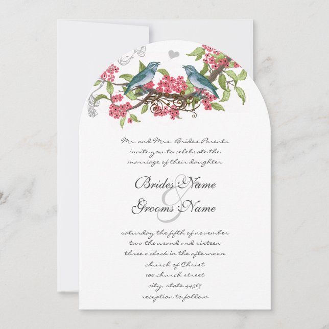 Vintage Birds Honeysuckle Teal & Pink Invitation (Front)