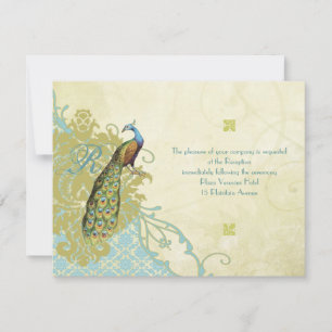 Vintage Birds Lagoon Endive Damask Reception Card