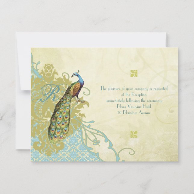 Vintage Birds Lagoon Endive Damask Reception Card (Front)