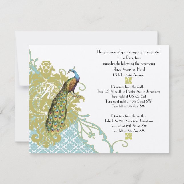 Vintage Birds Lagoon Endive Damask Reception Card (Front)