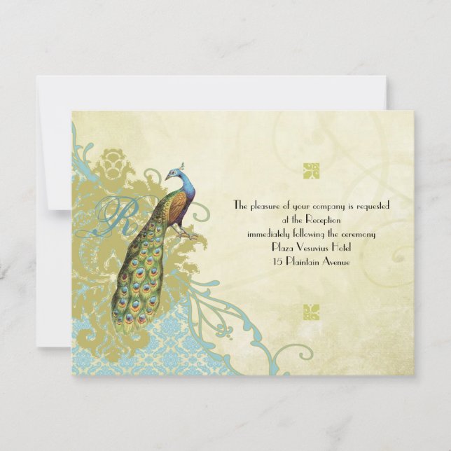 Vintage Birds Lagoon Endive Damask Reception Card (Front)